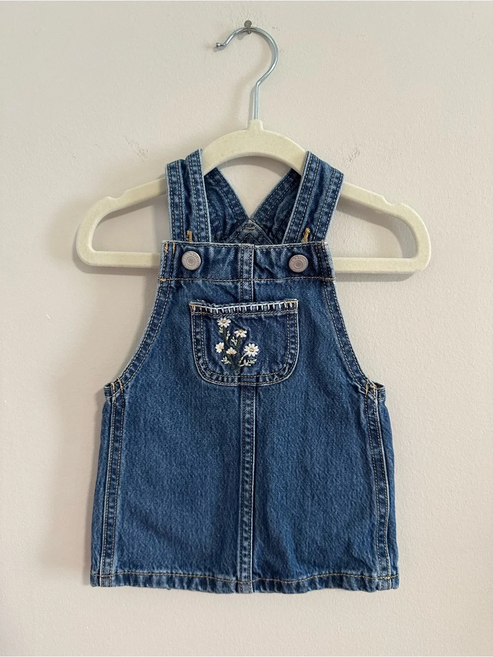 Old Navy Embroidered Jean Skirtall Dress with Daisy Embroidery